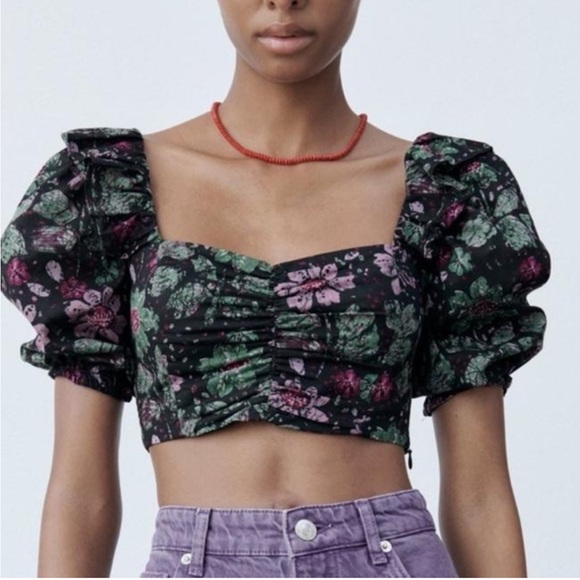 Zara Tops - Zara Floral Ruffle Puff Sleeve Crop Top M